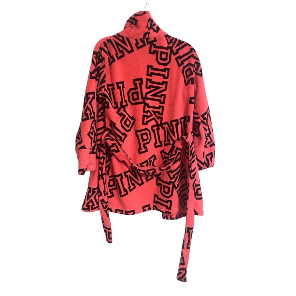 Victorias Secret PINK Womens Plush Robe Hot Pink & Black All Over Logo XS Comfy - Picture 3 of 5
